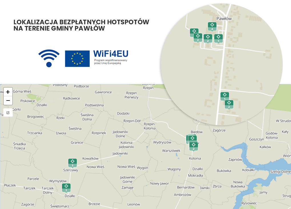 mapa - Lokalizacja bezpłatnych hotspotów na terenie Gminy Pawłów